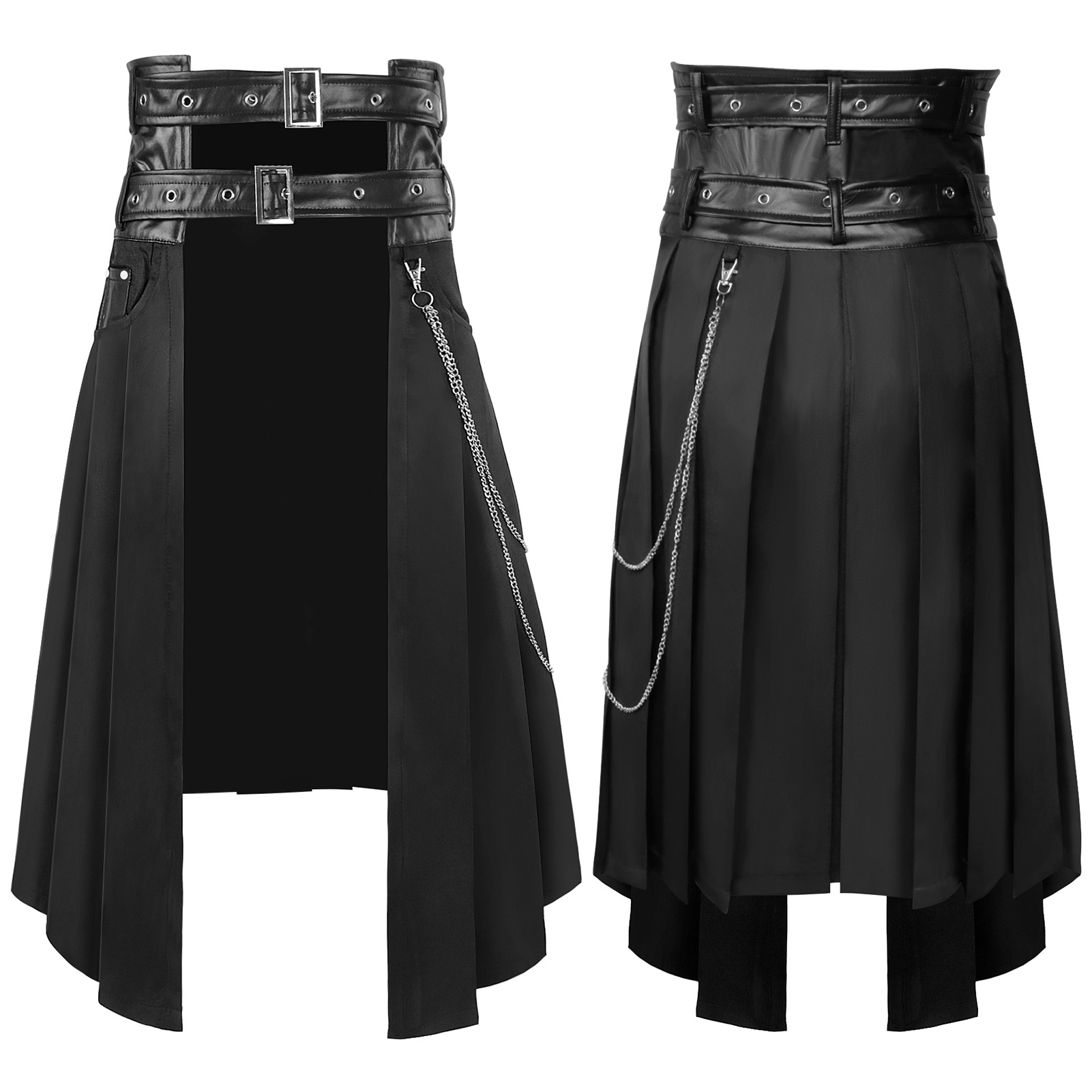 Ethnic Fashion Wear - Gotyckie ciemne męskie spodnie-spódnica, asymetryczna plisowana