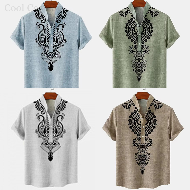 Ethnic Fashion For Men - Męskie koszulki retro Henley z nadrukiem