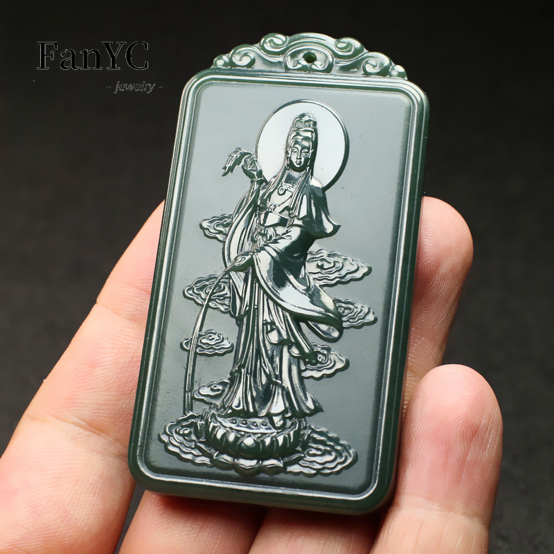 Ethnic Fashion For Men - Naturalny naszyjnik Hetian Jade Qingyu Guanyin