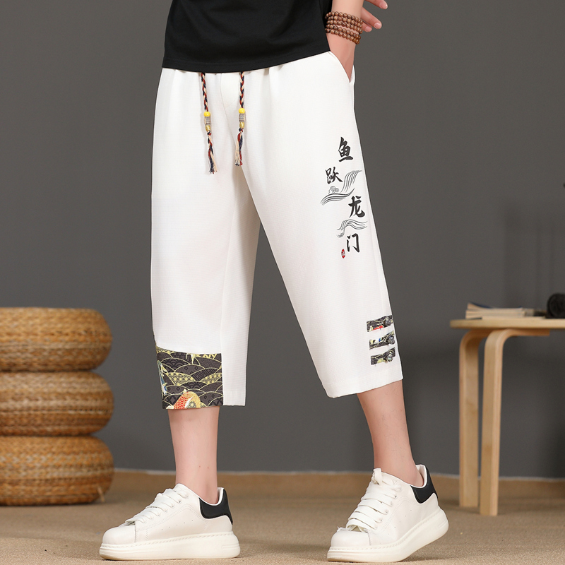 Urban Ethnic Fashion - Męskie letnie spodnie z lodowego jedwabiu,